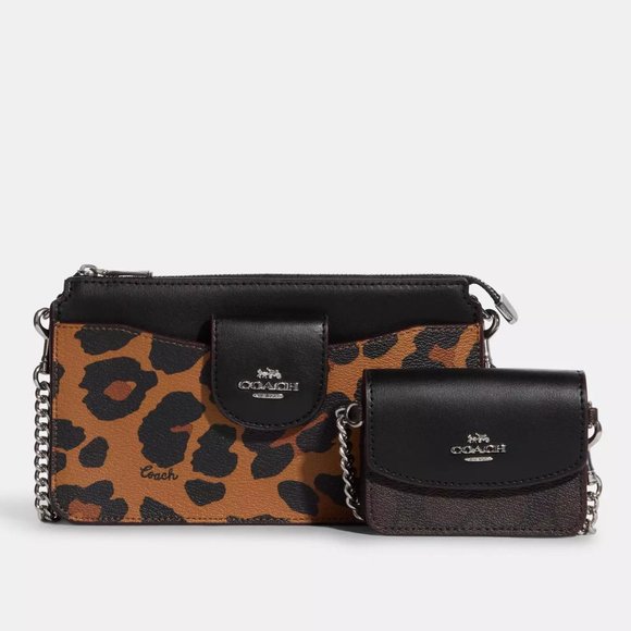 🐆Coach Poppy Crossbody With Card Case With Leopard Print And Signature Canvas - Picture 3 of 14